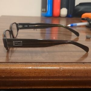 Fendi Men's Rectangular Glasses in Dark Brown Tortoiseshell with glasses box.